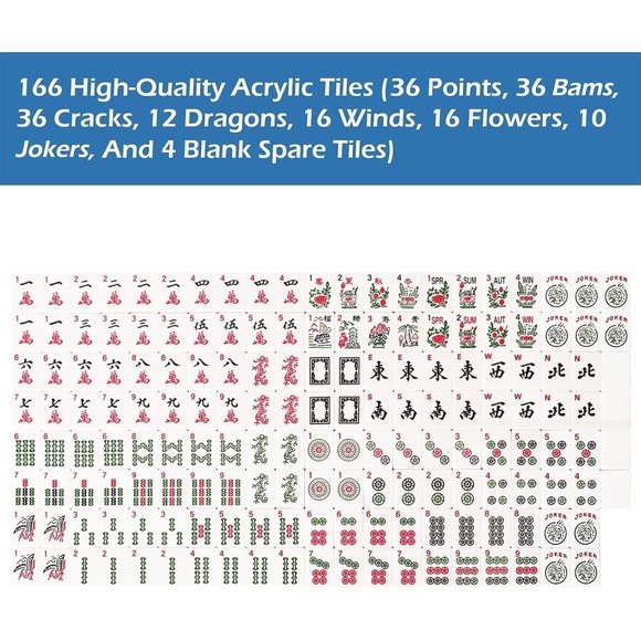 166 Acrylic Mahjong Tiles Set for American Game 1.2in Tile Only with Blue Print - Picture 6 of 10